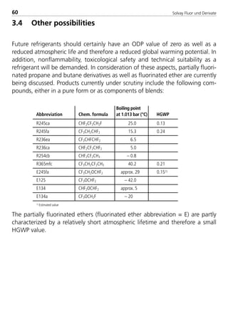 Solvay Fluor und Derivate60
3.4 Other possibilities
Future refrigerants should certainly have an ODP value of zero as well as a
reduced atmospheric life and therefore a reduced global warming potential. In
addition, nonflammability, toxicological safety and technical suitability as a
refrigerant will be demanded. In consideration of these aspects, partially fluori-
nated propane and butane derivatives as well as fluorinated ether are currently
being discussed. Products currently under scrutiny include the following com-
pounds, either in a pure form or as components of blends:
The partially fluorinated ethers (fluorinated ether abbreviation = E) are partly
characterized by a relatively short atmospheric lifetime and therefore a small
HGWP value.
Abbreviation Chem. formula
Boiling point
at 1.013 bar (°C) HGWP
R245ca CHF2CF2CH2F 25.0 0.13
R245fa CF3CH2CHF2 15.3 0.24
R236ea CF3CHFCHF2 6.5
R236ca CHF2CF2CHF2 5.0
R254cb CHF2CF2CH3 – 0.8
R365mfc CF3CH2CF2CH3 40.2 0.21
E245fa CF3CH2OCHF2 approx. 29 0.151)
E125 CF3OCHF2 – 42.0
E134 CHF2OCHF2 approx. 5
E134a CF3OCH2F – 20
1) Estimated value
8529 TB E Solkane K1 4.0 25.09.2000 9:33 Uhr Seite 60
 