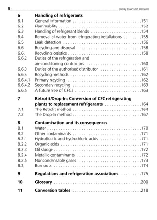Solvay Fluor und Derivate8
6 Handling of refrigerants
6.1 General information . . . . . . . . . . . . . . . . . . . . . . . . . . . . . .151
6.2 Flammability . . . . . . . . . . . . . . . . . . . . . . . . . . . . . . . . . . . .152
6.3 Handling of refrigerant blends . . . . . . . . . . . . . . . . . . . . . .154
6.4 Removal of water from refrigerating installations . . . . . . . .155
6.5 Leak detection . . . . . . . . . . . . . . . . . . . . . . . . . . . . . . . . . .156
6.6 Recycling and disposal . . . . . . . . . . . . . . . . . . . . . . . . . . . .158
6.6.1 Recycling logistics . . . . . . . . . . . . . . . . . . . . . . . . . . . . . . . .158
6.6.2 Duties of the refrigeration and
air-conditioning contractors . . . . . . . . . . . . . . . . . . . . . . . .160
6.6.3 Duties of the authorised distributor . . . . . . . . . . . . . . . . . .161
6.6.4 Recycling methods . . . . . . . . . . . . . . . . . . . . . . . . . . . . . . .162
6.6.4.1 Primary recycling . . . . . . . . . . . . . . . . . . . . . . . . . . . . . . . .162
6.6.4.2 Secondary recycling . . . . . . . . . . . . . . . . . . . . . . . . . . . . . .163
6.6.5 A future free of CFCs . . . . . . . . . . . . . . . . . . . . . . . . . . . . .163
7 Retrofit/Drop-In: Conversion of CFC refrigerating
plants to replacement refrigerants . . . . . . . . . . . . . . . .164
7.1 The Retrofit method . . . . . . . . . . . . . . . . . . . . . . . . . . . . . .164
7.2 The Drop-In method . . . . . . . . . . . . . . . . . . . . . . . . . . . . . .167
8 Contamination and its consequences
8.1 Water . . . . . . . . . . . . . . . . . . . . . . . . . . . . . . . . . . . . . . . . .170
8.2 Other contaminants . . . . . . . . . . . . . . . . . . . . . . . . . . . . . .171
8.2.1 Hydrofluoric and hydrochloric acids . . . . . . . . . . . . . . . . . .171
8.2.2 Organic acids . . . . . . . . . . . . . . . . . . . . . . . . . . . . . . . . . . .171
8.2.3 Oil sludge . . . . . . . . . . . . . . . . . . . . . . . . . . . . . . . . . . . . . .172
8.2.4 Metallic contaminants . . . . . . . . . . . . . . . . . . . . . . . . . . . .172
8.2.5 Noncondensable gases . . . . . . . . . . . . . . . . . . . . . . . . . . . .173
8.3 Burnouts . . . . . . . . . . . . . . . . . . . . . . . . . . . . . . . . . . . . . .174
9 Regulations and refrigeration associations . . . . . . . . .175
10 Glossary . . . . . . . . . . . . . . . . . . . . . . . . . . . . . . . . . . . . . .200
11 Conversion tables . . . . . . . . . . . . . . . . . . . . . . . . . . . . . .218
8529 TB E Solkane K1 4.0 25.09.2000 9:32 Uhr Seite 8
 