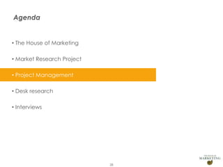 Agenda

• The House of Marketing
• Market Research Project
• Project Management
• Desk research
• Interviews

Presentation1

28

 