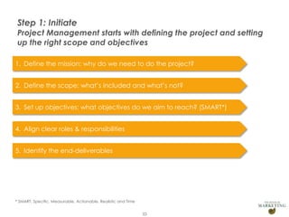 Step 1: Initiate

Project Management starts with defining the project and setting
up the right scope and objectives
1. Define the mission: why do we need to do the project?
2. Define the scope: what’s included and what’s not?
3. Set up objectives: what objectives do we aim to reach? (SMART*)
4. Align clear roles & responsibilities
5. Identify the end-deliverables

* SMART: Specific, Measurable, Actionable, Realistic and Time
Presentation1

33

 