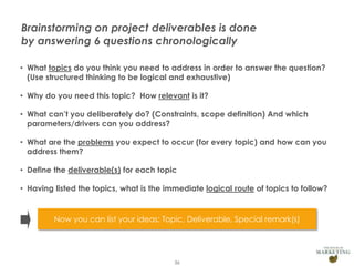 Brainstorming on project deliverables is done
by answering 6 questions chronologically
• What topics do you think you need to address in order to answer the question?
(Use structured thinking to be logical and exhaustive)
• Why do you need this topic? How relevant is it?
• What can’t you deliberately do? (Constraints, scope definition) And which
parameters/drivers can you address?

• What are the problems you expect to occur (for every topic) and how can you
address them?
• Define the deliverable(s) for each topic
• Having listed the topics, what is the immediate logical route of topics to follow?

Now you can list your ideas: Topic, Deliverable, Special remark(s)

Presentation1

36

 