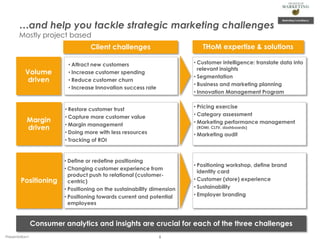 …and help you tackle strategic marketing challenges
Mostly project based

THoM expertise & solutions

Client challenges
Volume
driven

Margin
driven

Positioning

• Customer intelligence: translate data into
relevant insights
• Segmentation
• Business and marketing planning
• Innovation Management Program

• Attract new customers
• Increase customer spending
• Reduce customer churn
• Increase Innovation success rate

• Pricing exercise
• Category assessment
• Marketing performance management

• Restore customer trust
• Capture more customer value
• Margin management
• Doing more with less resources
• Tracking of ROI

(ROMI, CLTV, dashboards)

• Marketing audit

• Define or redefine positioning
• Changing customer experience from
product push to relational (customercentric)
• Positioning on the sustainability dimension
• Positioning towards current and potential
employees

• Positioning workshop, define brand
identity card
• Customer (store) experience
• Sustainability
• Employer branding

Consumer analytics and insights are crucial for each of the three challenges
Presentation1

6

 