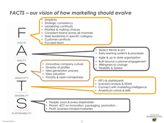 FACTS – our vision of how marketing should evolve
Simplicity
Strategic consistency
Leadership continuity
Prioritize & making choices
Consistent brand across all channels
Seek leadership in specific category
Customer centricity
Focused team

•
•
•
•
•
•
•
•

• Detect trends & act
• Early warning systems & processes

Innovative company culture
Diversity of profiles
Idea generation process
Idea valuation
Porosity & open-mindedness

Agile & up to date organization
Built around customer engagement
Willingness to change
Flexibility & Speed

•
•
•
•

•
•
•
•
•

•
•
•
•

KPI’s & dashboards
Scenario analysis & ROMI
Connect with marketing intelligence
Analytical culture & skills

• People: yours & every stakeholder
• Planet: ACT on innovation, packaging, promotion...
• Profit: business-minded marketers

Presentation1

8

 