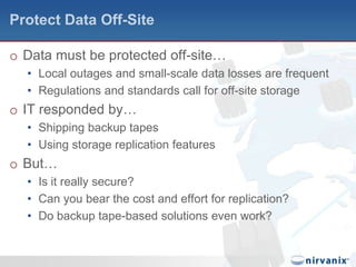 Protect Data Off-SiteData must be protected off-site…Local outages and small-scale data losses are frequentRegulations and standards call for off-site storageIT responded by…Shipping backup tapesUsing storage replication featuresBut…Is it really secure?Can you bear the cost and effort for replication?Do backup tape-based solutions even work?