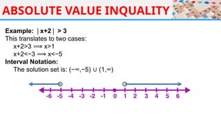 ABSOLUTE VALUE INQUALITY
Example: x+2 > 3
∣ ∣
This translates to two cases:
x+2>3 x>1
⟹
x+2<−3 x<−5
⟹
Interval Notation:
The solution set is: (−∞,−5) (1,∞)
∪
 