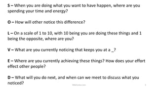S – When you are doing what you want to have happen, where are you
spending your time and energy?
O – How will other notice this difference?
L – On a scale of 1 to 10, with 10 being you are doing these things and 1
being the opposite, where are you?
V – What are you currently noticing that keeps you at a _?
E – Where are you currently achieving these things? How does your effort
effect other people?
D – What will you do next, and when can we meet to discuss what you
noticed? MikeCardus.com 3
 