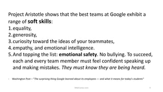 Project Aristotle shows that the best teams at Google exhibit a
range of soft skills:
1.equality,
2.generosity,
3.curiosity toward the ideas of your teammates,
4.empathy, and emotional intelligence.
5.And topping the list: emotional safety. No bullying. To succeed,
each and every team member must feel confident speaking up
and making mistakes. They must know they are being heard.
- Washington Post – “The surprising thing Google learned about its employees — and what it means for today’s students”
MikeCardus.com 9
 