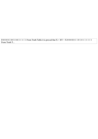 0 0 0 0 0 1 0 0 1 0 0 1 1 1 1 1 From Truth Table it is proved that X + XY = X 0 0 0 0 0 1 1 0 1 0 1 1 1 1 1 1
From Truth T...
 