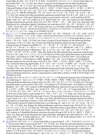 Truth Table for X(X + Y) = X X Y X +Y X(X + Y) 0 0 0 0 0 1 1 0 1 0 1 1 1 1 1 1 From Truth Table it is
proved that X(X + Y) = X 11(b). Ans. Draw a Logical Circuit Diagram for the following Boolean
Expression : A . (B + C’) 11(c). Ans. Convert the following Boolean expression into its equivalent
Canonical Product of Sum Form(POS) : A.B’.C + A’.B.C + A’.B.C’ Given A.B’.C + A’.B.C + A’.B.C’ (1
0 1) (0 1 1) (0 1 0) = m5 + m3 + m2 = ∑(2, 3, 5)   POS is equal to (excluding positions of minterms) =
π(0, 1, 4, 6, 7) = M0.M1.M4.M6.M7 = (A + B + C).(A + B + C’).(A’ + B + C).(A’ + B’ +C).(A’ + B’ +
C’) 11(d). Ans. Reduce the following Boolean expression using K­map: F(A, B, C, D) = ∑(0, 1, 2, 4, 5, 8,
9, 10, 11) There are 1 Pair and 2 Quad that reduce as given below: Pair (m2 + m10) reduces to B’CD’
Quad­1 (m0+ m1 + m4 + m5 ) reduces to A’C’ Quad­2 (m0+ m1 + m4 + m5 ) reduces to AB’ Simplified
Boolean expression for given K­map is F(A, B, C, D) = B’CD’ +’ A’C’ + AB’ 12(a). Ans. State and verify
Distributive law in Boolean Algebra. Distributive law state that (a) X(Y +Z) = XY + XZ (b) X + YZ = (X
+ Y)(X + Z) (a) X(Y +Z) = XY + XZ To prove this law, we will make a following truth table : X Y Z Y +
Z XY XZ X(Y + Z) XY + XZ 0 0 0 0 0 0 0 0 0 0 1 1 0 0 0 0 0 1 0 1 0 0 0 0 0 1 1 1 0 0 0 0 1 0 0 0 0 0 0 0 1
0 1 1 0 1 1 1 1 1 0 1 1 0 1 1 Page 32 of 35CBSE CS N IP
33.  33. 1 1 1 1 1 1 1 1 From truth table it is prove that X(Y +Z) = XY + XZ (b) X + YZ = (X + Y)(X + Z) X Y
Z YZ X + YZ XZ X + Y X + Z (X + Y)(X + Z) 0 0 0 0 0 0 0 0 0 0 0 1 0 0 0 0 1 0 0 1 0 0 0 0 1 0 0 0 1 1 1
1 0 1 1 1 1 0 0 0 1 0 1 1 1 1 0 1 0 1 1 1 1 1 1 1 0 0 1 0 1 1 1 1 1 1 1 1 1 1 1 1 From truth table it is prove
that X + YZ = (X + Y)(X + Z) 12(b). Ans. Draw a Logical Circuit Diagram for the following Boolean
Expression: A’.(B + C) 12(C). Ans. Convert the following Boolean expression into its equivalent
Canonical Sum of Product Form(SOP). (U’ + V’ + W’).(U + V’ + W’).(U + V + W) Given (U’ + V’ +
W’).(U + V’ + W’).(U + V + W) (1 + 1 + 1) (0 + 1 + 1) (0 + 0 + 0) = M0.M3.M7 = π(0, 3, 7)   SOP is
equal to(excluding position of Maxterms) = ∑(1, 2, 4, 5, 6) = m1 + m2 + m4 + m5 + m6 = U’V’W +
U’VW’ + UV’W’ + UV’W + UVW’ 12(d). Ans. Reduce the following Boolean expression using K­map:
F(A, B, C, D) = ∑(0, 3, 4, 5, 7, 9, 11, 12, 13, 14) There are 4 Pair and 1 Quad that reduce as given below:
Pair­1(m4 + m5) reduces to A’BC’ Pair­2(m7 + m13) reduces to A’CD Pair­3(m9 + m11) reduces to
AB’D Pair­4(m12 + m14) reduces to ABD’ Quad(m1+ m5 + m9 + m13 ) reduces to C’D Simplified
Boolean expression for given K­map is F(A, B, C, D) = A’BC’ +’ A’CD + AB’D + ABD’ + C’D 13(a).
Ans. Verify the following algebraically: X’.Y + X.Y’ = (X’ + Y’).(X + Y) RHS = (X’ + Y’).(X + Y) = (X’
+ Y’).X + (X’ + Y’).Y = X’.X + X.Y’ + X’.Y + Y’.Y = 0 + X.Y’ + X’.Y + 0 = X.Y’ + X’.Y = LHS
(Verified) 13(b). Ans. Write the equivalent Boolean Expression for the following Logic Circuit. The
equivalent Boolean Expression for the given Logic Circuit is: F = (U’ + V).(V’ + W) 13(c). Write the SOP
form of a Boolean function G, which is represented in a truth table as follows: P Q R G 0 0 0 0 Page 33 of
35CBSE CS N IP
34.  34. Ans. 0 0 1 0 0 1 0 1 0 1 1 1 1 0 0 1 1 0 1 0 1 1 0 1 1 1 1 1 The desired Canonical Sum­of­Product form
is as following; G = ∑(2, 3, 4, 6, 7) = P’QR’ + P’QR + PQ’R’ + PQR’ + PQR 13(d). Ans. Reduce the
following Boolean expression using K­map: F(A, B, C, D) = ∑(3, 4, 5, 6, 7, 13, 15) There are 2 Pair and 1
Quad that reduce as given below: Pair­1(m3 + m7) reduces to A’CD Pair­2(m4 + m7) reduces to A’BD’
Quad(m1+ m5 + m9 + m13 ) reduces to BD Simplified Boolean expression for given K­map is F(A, B, C,
D) = A’CD +’ A’BD’ + BD 14(a). Ans. Verify X’Y + XY’ + X’Y’ = (X’ + Y’) using truth table. X Y X’
Y’ X’Y XY’ X’Y’ X’Y + XY’ + X’Y’ X’ + Y’ 0 0 1 1 0 0 1 1 1 0 1 1 0 1 0 0 1 1 1 0 0 1 0 1 0 1 1 1 1 0 0 0
0 0 0 0 From Truth Table it is proved that X’Y + XY’ + X’Y’ = (X’ + Y’) 14(b). Ans. Write the equivalent
Boolean Expression for the following Logic Circuit. The equivalent Boolean Expression for the given
Logic Circuit is: F = (X + Y’).(X’ + Z) 14(c). Ans. Write the POS form of a Boolean function H, which is
represented in a truth table as follows: A B C H 0 0 0 0 0 0 1 1 0 1 0 1 0 1 1 1 1 0 0 1 1 0 1 0 1 1 0 0 1 1 1
1 The desired Canonical Product­of­Sum form is as following; H = π(0, 5, 6) = (A + B + C).(A’ + B + C’).
(A’ + B’ + C) 14(d). Ans. Reduce the following Boolean expression using K­map: F(P, Q, R, S) = ∑(1, 2,
3, 4, 5, 6, 7, 9, 11, 12, 13, 15) There are 2 Pair and 1 Octet that reduce as given below: Pair­1(m2 + m6)
reduces to QR’S’ Pair­2(m4 + m12) reduces to P’RS’ Octet (m1+ m3 + m5 + m7 + m9+ m11 + m13 +
m15) reduces to S Simplified Boolean expression for given K­map is F(P, Q, R, S) = QR’S’ +’ P’RS’ + S
15(a). Ans. State and verify absorption law using truth table. Absorption law states that (i) X + XY = X
and (ii) X(X + Y) = X Truth Table for X + XY = X X Y XY X + XY Truth Table for X(X + Y) = X X Y X
+Y X(X + Y) Page 34 of 35CBSE CS N IP
35.  35. 0 0 0 0 0 1 0 0 1 0 0 1 1 1 1 1 From Truth Table it is proved that X + XY = X 0 0 0 0 0 1 1 0 1 0 1 1 1 1
1 1 From Truth Table it is proved that X(X + Y) = X 15(b). Ans. Write the equivalent Boolean Expression
for the following Logic Circuit. The equivalent Boolean Expression for the given Logic Circuit is: F = PQ’
+ P’R 15(c). Ans. Write the POS form of a Boolean function H, which is represented in a truth table as
follows: U V W G 0 0 0 1 0 0 1 1 0 1 0 0 0 1 1 0 1 0 0 1 1 0 1 1 1 1 0 0 1 1 1 1 The desired Canonical
Product­of­Sum form is as following; G = π(2, 3, 6) = (U + V’ + W).(U + V’ + W’).(U’ + V’ + W) 15(d).
 