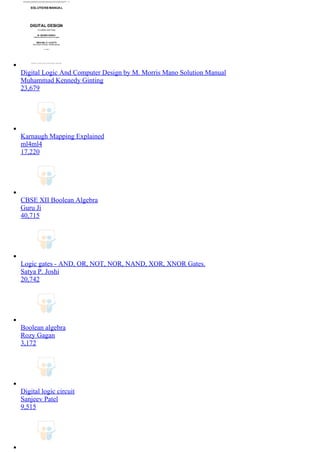 Digital Logic And Computer Design by M. Morris Mano Solution Manual
Muhammad Kennedy Ginting
23,679
Karnaugh Mapping Explained
ml4ml4
17,220
CBSE XII Boolean Algebra
Guru Ji
40,715
Logic gates ­ AND, OR, NOT, NOR, NAND, XOR, XNOR Gates.
Satya P. Joshi
20,742
Boolean algebra
Rozy Gagan
3,172
Digital logic circuit
Sanjeev Patel
9,515
 