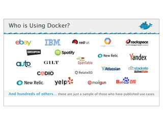 Who is Using Docker?
And hundreds of others… these are just a sample of those who have published use cases
 