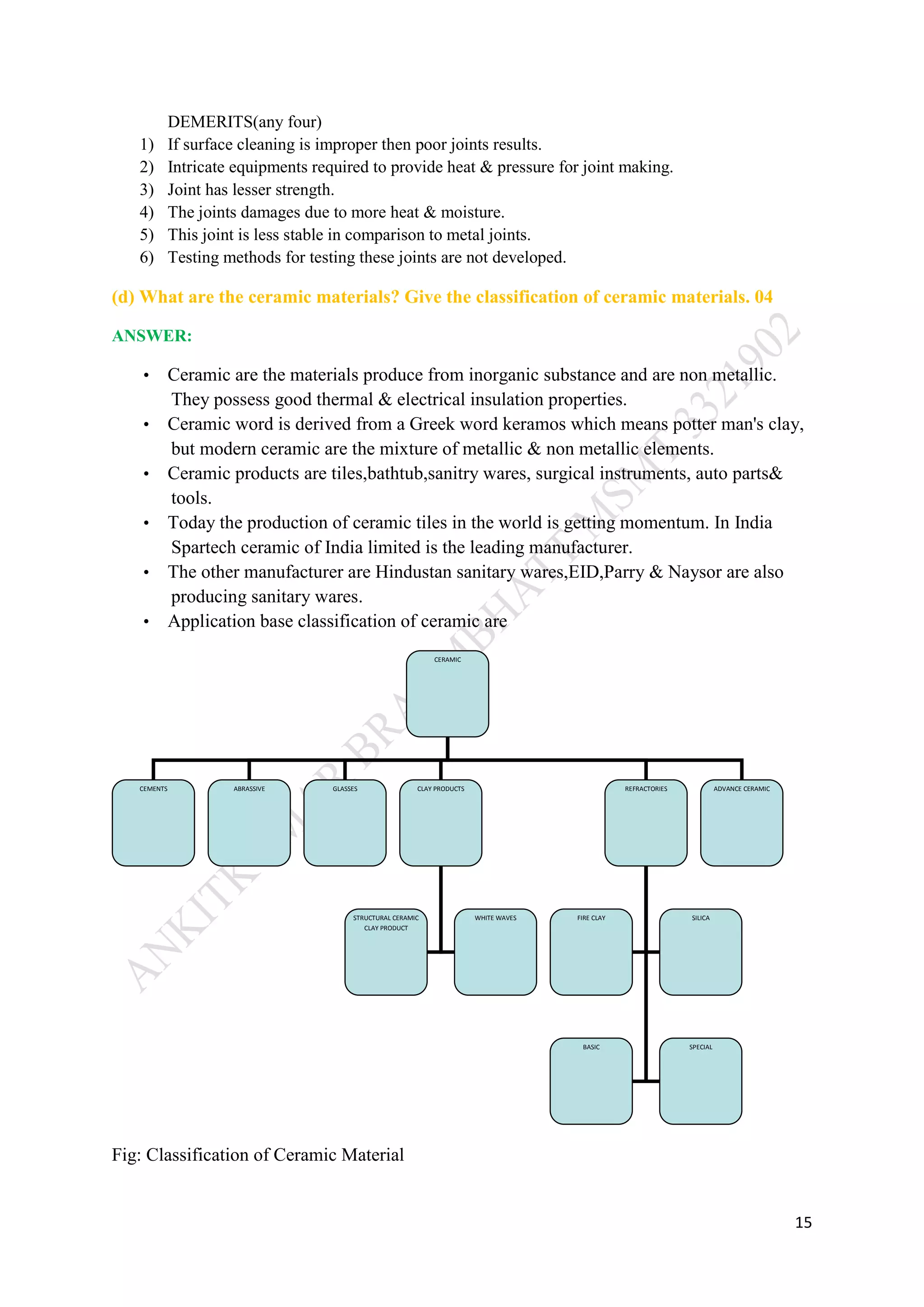 15
DEMERITS(any four)
1) If surface cleaning is improper then poor joints results.
2) Intricate equipments required to provide heat & pressure for joint making.
3) Joint has lesser strength.
4) The joints damages due to more heat & moisture.
5) This joint is less stable in comparison to metal joints.
6) Testing methods for testing these joints are not developed.
(d) What are the ceramic materials? Give the classification of ceramic materials. 04
ANSWER:
• Ceramic are the materials produce from inorganic substance and are non metallic.
They possess good thermal & electrical insulation properties.
• Ceramic word is derived from a Greek word keramos which means potter man's clay,
but modern ceramic are the mixture of metallic & non metallic elements.
• Ceramic products are tiles,bathtub,sanitry wares, surgical instruments, auto parts&
tools.
• Today the production of ceramic tiles in the world is getting momentum. In India
Spartech ceramic of India limited is the leading manufacturer.
• The other manufacturer are Hindustan sanitary wares,EID,Parry & Naysor are also
producing sanitary wares.
• Application base classification of ceramic are
Fig: Classification of Ceramic Material
CERAMIC
CEMENTS ABRASSIVE GLASSES CLAY PRODUCTS REFRACTORIES ADVANCE CERAMIC
STRUCTURAL CERAMIC
CLAY PRODUCT
WHITE WAVES FIRE CLAY SILICA
BASIC SPECIAL
 