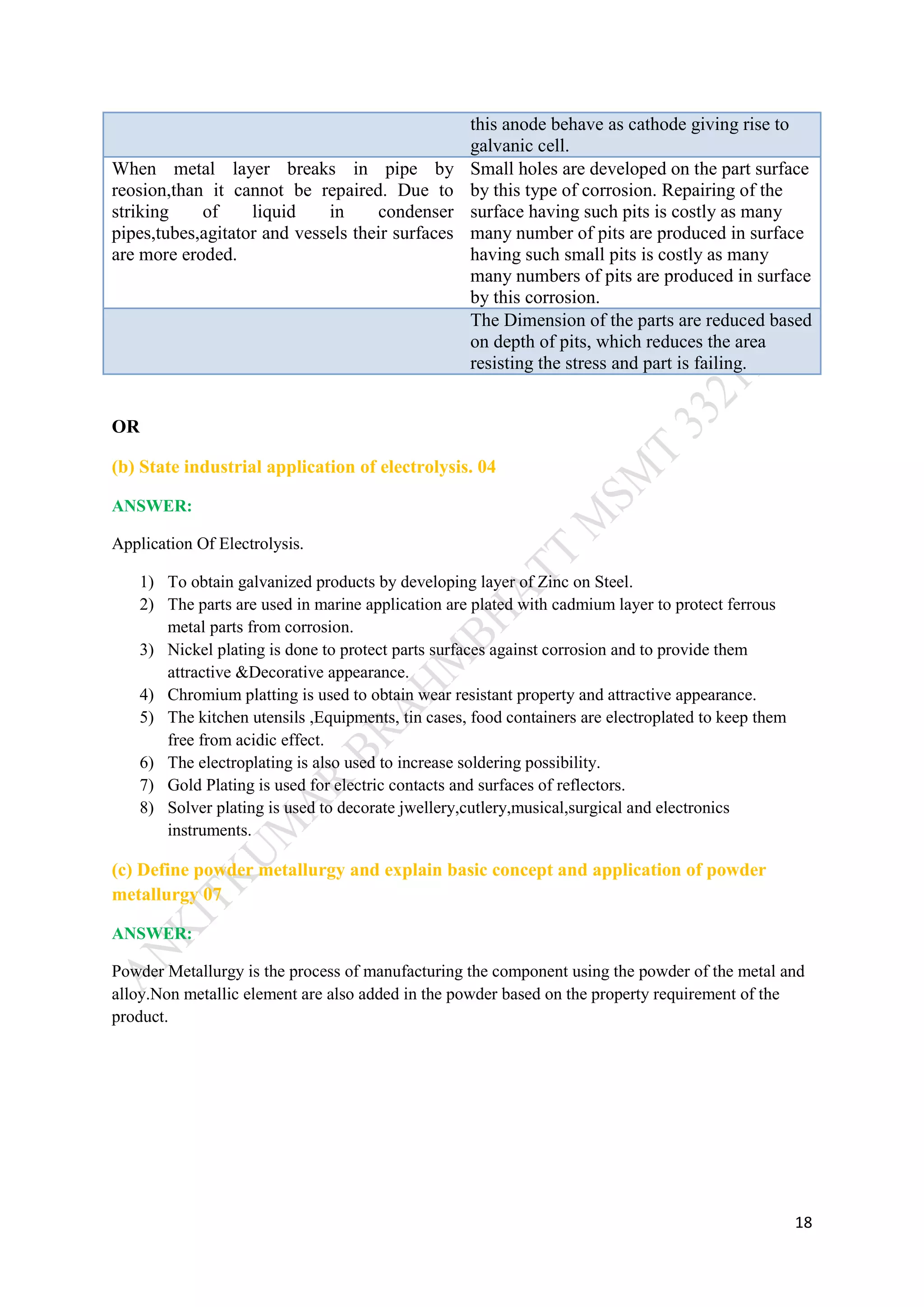 18
this anode behave as cathode giving rise to
galvanic cell.
When metal layer breaks in pipe by
reosion,than it cannot be repaired. Due to
striking of liquid in condenser
pipes,tubes,agitator and vessels their surfaces
are more eroded.
Small holes are developed on the part surface
by this type of corrosion. Repairing of the
surface having such pits is costly as many
many number of pits are produced in surface
having such small pits is costly as many
many numbers of pits are produced in surface
by this corrosion.
The Dimension of the parts are reduced based
on depth of pits, which reduces the area
resisting the stress and part is failing.
OR
(b) State industrial application of electrolysis. 04
ANSWER:
Application Of Electrolysis.
1) To obtain galvanized products by developing layer of Zinc on Steel.
2) The parts are used in marine application are plated with cadmium layer to protect ferrous
metal parts from corrosion.
3) Nickel plating is done to protect parts surfaces against corrosion and to provide them
attractive &Decorative appearance.
4) Chromium platting is used to obtain wear resistant property and attractive appearance.
5) The kitchen utensils ,Equipments, tin cases, food containers are electroplated to keep them
free from acidic effect.
6) The electroplating is also used to increase soldering possibility.
7) Gold Plating is used for electric contacts and surfaces of reflectors.
8) Solver plating is used to decorate jwellery,cutlery,musical,surgical and electronics
instruments.
(c) Define powder metallurgy and explain basic concept and application of powder
metallurgy 07
ANSWER:
Powder Metallurgy is the process of manufacturing the component using the powder of the metal and
alloy.Non metallic element are also added in the powder based on the property requirement of the
product.
 