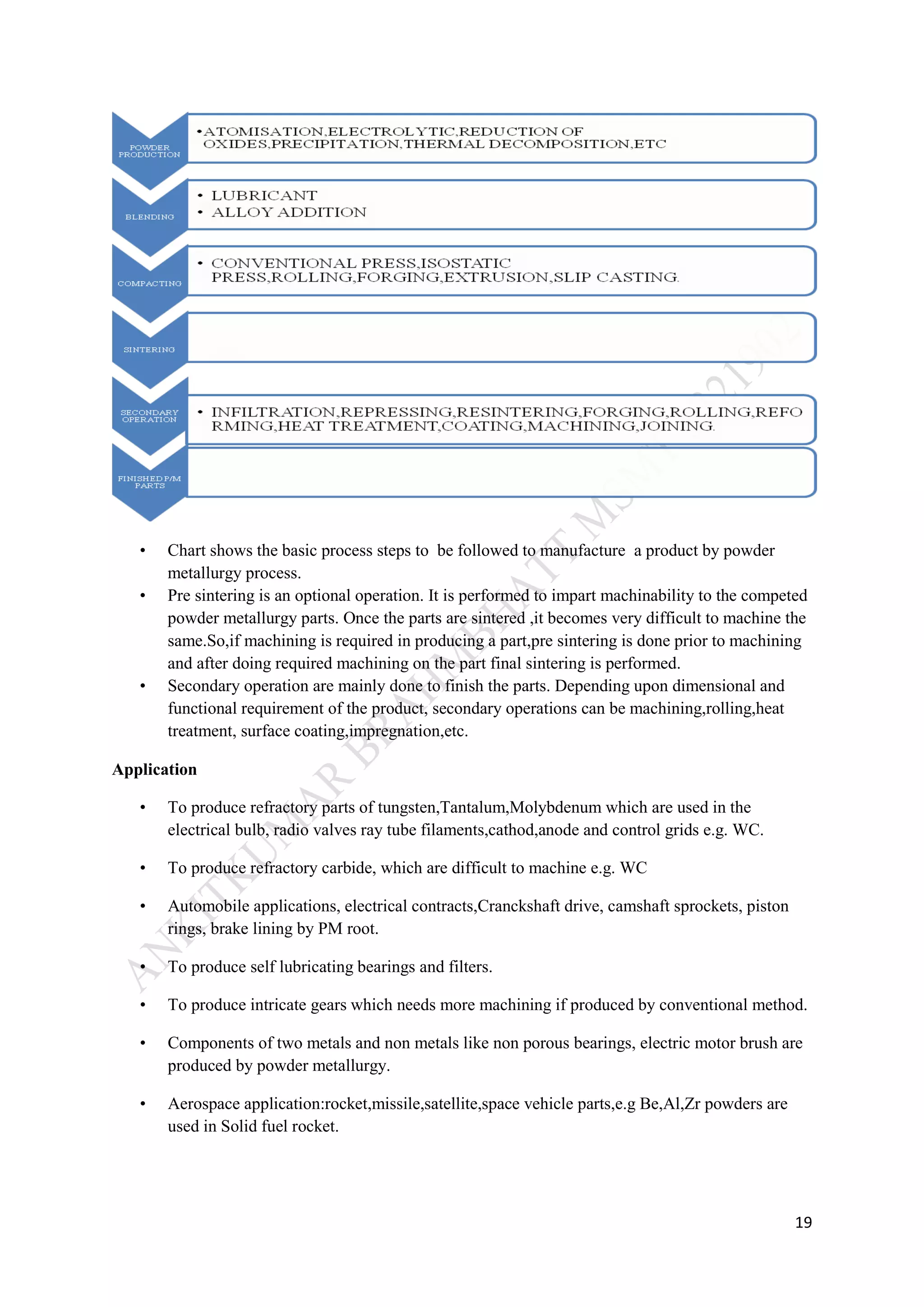 19
• Chart shows the basic process steps to be followed to manufacture a product by powder
metallurgy process.
• Pre sintering is an optional operation. It is performed to impart machinability to the competed
powder metallurgy parts. Once the parts are sintered ,it becomes very difficult to machine the
same.So,if machining is required in producing a part,pre sintering is done prior to machining
and after doing required machining on the part final sintering is performed.
• Secondary operation are mainly done to finish the parts. Depending upon dimensional and
functional requirement of the product, secondary operations can be machining,rolling,heat
treatment, surface coating,impregnation,etc.
Application
• To produce refractory parts of tungsten,Tantalum,Molybdenum which are used in the
electrical bulb, radio valves ray tube filaments,cathod,anode and control grids e.g. WC.
• To produce refractory carbide, which are difficult to machine e.g. WC
• Automobile applications, electrical contracts,Cranckshaft drive, camshaft sprockets, piston
rings, brake lining by PM root.
• To produce self lubricating bearings and filters.
• To produce intricate gears which needs more machining if produced by conventional method.
• Components of two metals and non metals like non porous bearings, electric motor brush are
produced by powder metallurgy.
• Aerospace application:rocket,missile,satellite,space vehicle parts,e.g Be,Al,Zr powders are
used in Solid fuel rocket.
 