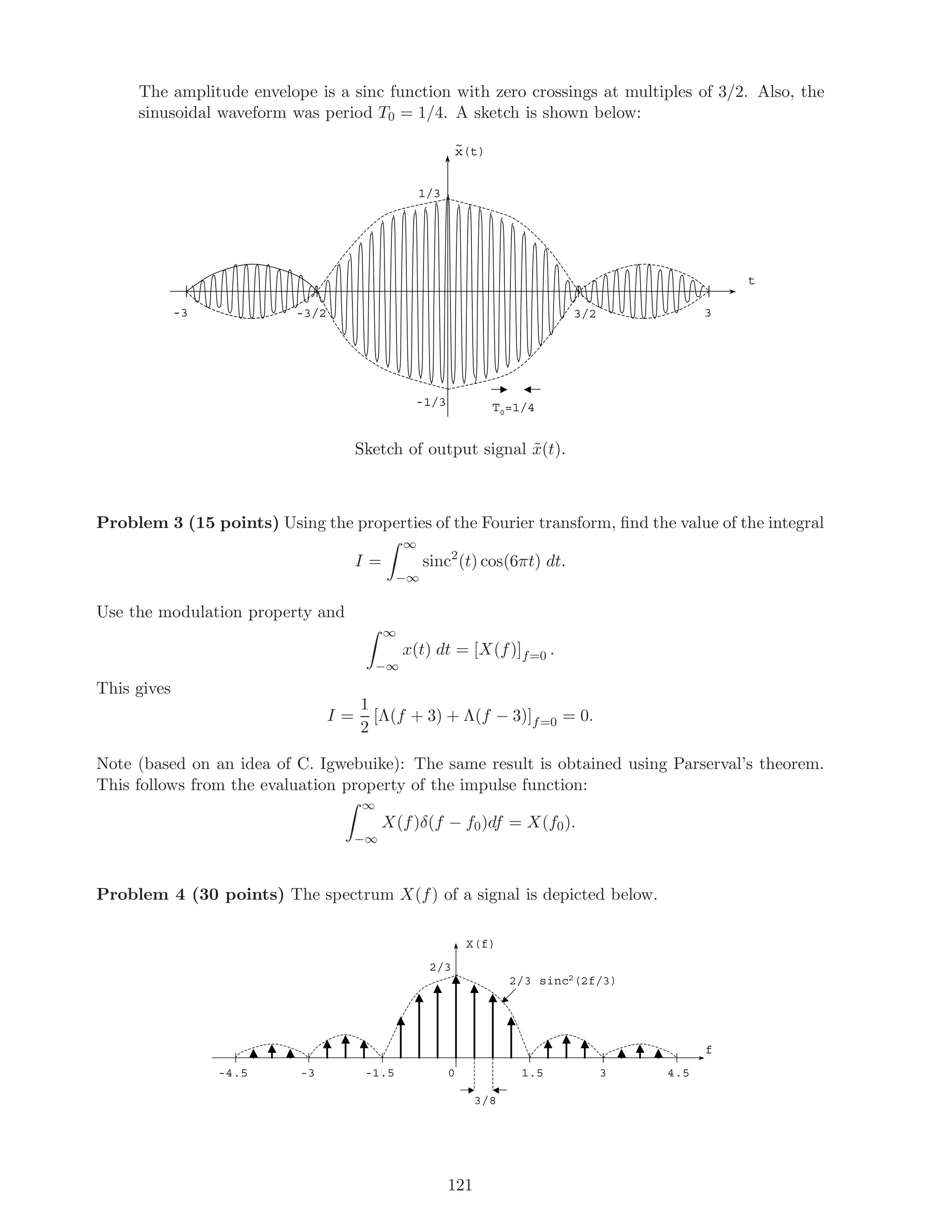 The amplitude envelope is a sinc function with zero crossings at multiples of 3/2. Also, the
sinusoidal waveform was period T0 = 1/4. A sketch is shown below:
t
1/3
3/2-3/2
x(t)
-3 3
-1/3 T0=1/4
~
Sketch of output signal ˜x(t).
Problem 3 (15 points) Using the properties of the Fourier transform, ﬁnd the value of the integral
I =
∞
−∞
sinc2
(t) cos(6πt) dt.
Use the modulation property and
∞
−∞
x(t) dt = [X(f)]f=0 .
This gives
I =
1
2
[Λ(f + 3) + Λ(f − 3)]f=0 = 0.
Note (based on an idea of C. Igwebuike): The same result is obtained using Parserval’s theorem.
This follows from the evaluation property of the impulse function:
∞
−∞
X(f)δ(f − f0)df = X(f0).
Problem 4 (30 points) The spectrum X(f) of a signal is depicted below.
X(f)
f
1.5
2/3 sinc2(2f/3)
-1.5-3-4.5 0
3/8
2/3
3 4.5
121
 