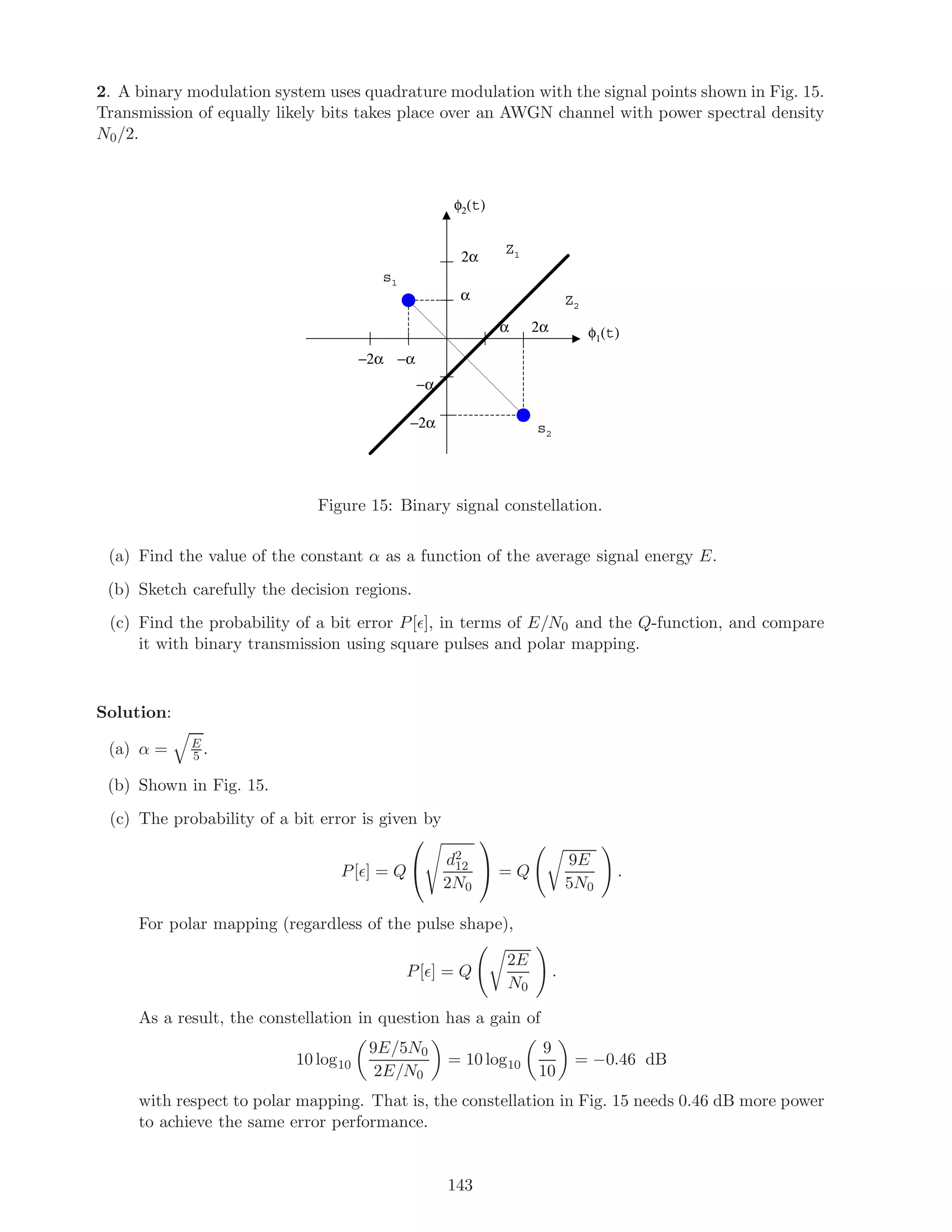 2. A binary modulation system uses quadrature modulation with the signal points shown in Fig. 15.
Transmission of equally likely bits takes place over an AWGN channel with power spectral density
N0/2.
φ1(t)
φ2(t)
α
2αα
−α−2α
−α
−2α
2α
s1
s2
Z1
Z2
Figure 15: Binary signal constellation.
(a) Find the value of the constant α as a function of the average signal energy E.
(b) Sketch carefully the decision regions.
(c) Find the probability of a bit error P[ ], in terms of E/N0 and the Q-function, and compare
it with binary transmission using square pulses and polar mapping.
Solution:
(a) α = E
5 .
(b) Shown in Fig. 15.
(c) The probability of a bit error is given by
P[ ] = Q

 d2
12
2N0

 = Q
9E
5N0
.
For polar mapping (regardless of the pulse shape),
P[ ] = Q
2E
N0
.
As a result, the constellation in question has a gain of
10 log10
9E/5N0
2E/N0
= 10 log10
9
10
= −0.46 dB
with respect to polar mapping. That is, the constellation in Fig. 15 needs 0.46 dB more power
to achieve the same error performance.
143
 