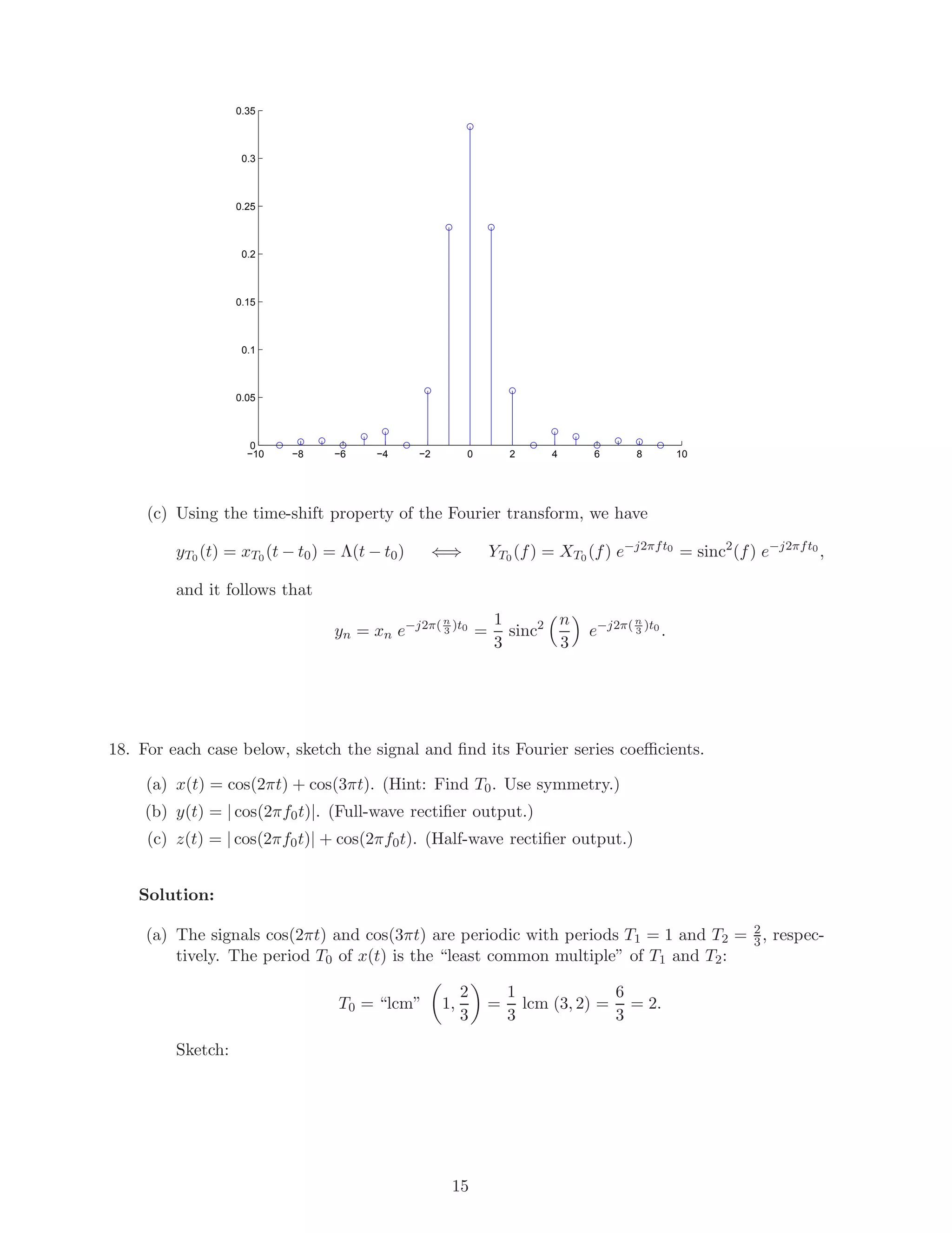−10 −8 −6 −4 −2 0 2 4 6 8 10
0
0.05
0.1
0.15
0.2
0.25
0.3
0.35
(c) Using the time-shift property of the Fourier transform, we have
yT0 (t) = xT0 (t − t0) = Λ(t − t0) ⇐⇒ YT0 (f) = XT0 (f) e−j2πft0
= sinc2
(f) e−j2πft0
,
and it follows that
yn = xn e−j2π(n
3
)t0
=
1
3
sinc2 n
3
e−j2π(n
3
)t0
.
18. For each case below, sketch the signal and ﬁnd its Fourier series coeﬃcients.
(a) x(t) = cos(2πt) + cos(3πt). (Hint: Find T0. Use symmetry.)
(b) y(t) = | cos(2πf0t)|. (Full-wave rectiﬁer output.)
(c) z(t) = | cos(2πf0t)| + cos(2πf0t). (Half-wave rectiﬁer output.)
Solution:
(a) The signals cos(2πt) and cos(3πt) are periodic with periods T1 = 1 and T2 = 2
3, respec-
tively. The period T0 of x(t) is the “least common multiple” of T1 and T2:
T0 = “lcm” 1,
2
3
=
1
3
lcm (3, 2) =
6
3
= 2.
Sketch:
15
 