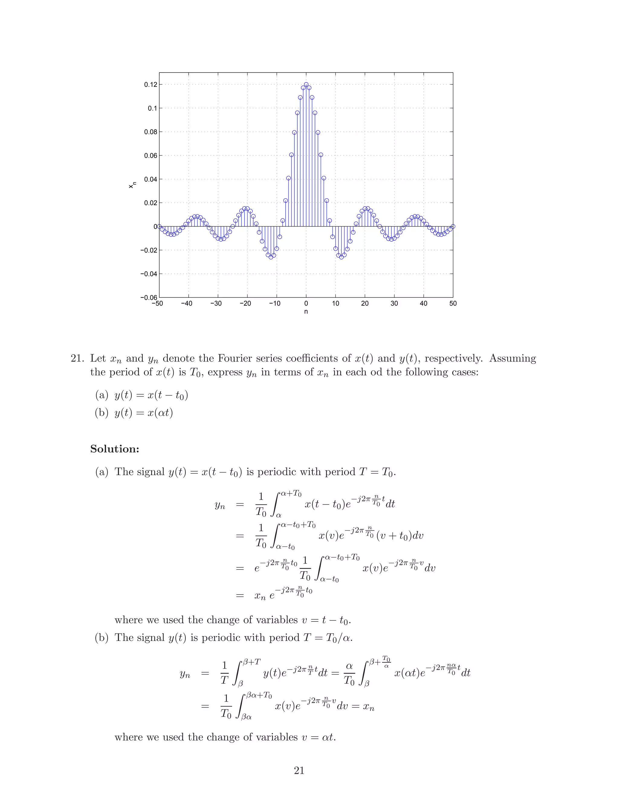 −50 −40 −30 −20 −10 0 10 20 30 40 50
−0.06
−0.04
−0.02
0
0.02
0.04
0.06
0.08
0.1
0.12
n
xn
21. Let xn and yn denote the Fourier series coeﬃcients of x(t) and y(t), respectively. Assuming
the period of x(t) is T0, express yn in terms of xn in each od the following cases:
(a) y(t) = x(t − t0)
(b) y(t) = x(αt)
Solution:
(a) The signal y(t) = x(t − t0) is periodic with period T = T0.
yn =
1
T0
α+T0
α
x(t − t0)e
−j2π n
T0
t
dt
=
1
T0
α−t0+T0
α−t0
x(v)e
−j2π n
T0 (v + t0)dv
= e
−j2π n
T0
t0 1
T0
α−t0+T0
α−t0
x(v)e
−j2π n
T0
v
dv
= xn e
−j2π n
T0
t0
where we used the change of variables v = t − t0.
(b) The signal y(t) is periodic with period T = T0/α.
yn =
1
T
β+T
β
y(t)e−j2π n
T
t
dt =
α
T0
β+
T0
α
β
x(αt)e
−j2π nα
T0
t
dt
=
1
T0
βα+T0
βα
x(v)e
−j2π n
T0
v
dv = xn
where we used the change of variables v = αt.
21
 