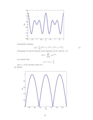 −2 −1.5 −1 −0.5 0 0.5 1 1.5 2
−2.5
−2
−1.5
−1
−0.5
0
0.5
1
1.5
2
2.5
t
x(t)
Using Euler’s formula:
x(t) =
1
2
ej2πt
+ e−j2πt
+ ej3πt
+ e−j3πt
. (1)
Comparing (1) with the Fourier series expansion of x(t), with T0 = 2:
x(t) =
∞
n=−∞
xnejπnt
,
we conclude that
x±2 = x±3 =
1
2
,
and xn = 0 for all other values of n.
(b) Sketch:
−0.6 −0.4 −0.2 0 0.2 0.4 0.6
0
0.2
0.4
0.6
0.8
1
t/T0
y(t)
16
 