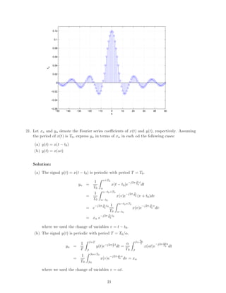 −50 −40 −30 −20 −10 0 10 20 30 40 50
−0.06
−0.04
−0.02
0
0.02
0.04
0.06
0.08
0.1
0.12
n
xn
21. Let xn and yn denote the Fourier series coeﬃcients of x(t) and y(t), respectively. Assuming
the period of x(t) is T0, express yn in terms of xn in each od the following cases:
(a) y(t) = x(t − t0)
(b) y(t) = x(αt)
Solution:
(a) The signal y(t) = x(t − t0) is periodic with period T = T0.
yn =
1
T0
α+T0
α
x(t − t0)e
−j2π n
T0
t
dt
=
1
T0
α−t0+T0
α−t0
x(v)e
−j2π n
T0 (v + t0)dv
= e
−j2π n
T0
t0 1
T0
α−t0+T0
α−t0
x(v)e
−j2π n
T0
v
dv
= xn e
−j2π n
T0
t0
where we used the change of variables v = t − t0.
(b) The signal y(t) is periodic with period T = T0/α.
yn =
1
T
β+T
β
y(t)e−j2π n
T
t
dt =
α
T0
β+
T0
α
β
x(αt)e
−j2π nα
T0
t
dt
=
1
T0
βα+T0
βα
x(v)e
−j2π n
T0
v
dv = xn
where we used the change of variables v = αt.
21
 