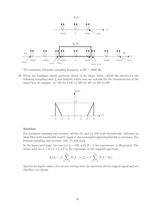 f
0 1600-1600 1900
f
0 1600-1600
1900
4000 5600 5900-4000-5600
……
2100
X(f)
Xδ(f)
-1900-2100
-5900
The minimum (Nyquist) sampling frequency is 2W = 3800 Hz.
48. Given the bandpass signal spectrum shown in the ﬁgure below, sketch the spectra for the
following sampling rates fs and indicate which ones are suitable for the reconstruction of the
signal fom its samples: (a) 2B (b) 2.5B (c) 3B (d) 4B (e) 5B (f) 6B.
X(f)
f
A
1 2 3-1-2-3
Solution:
For bandpass sampling and recovery, all but (b) and (e) will work theoretically, although an
ideal ﬁlter with bandwidth exactly equal to the unsampled signal bandwidth is necessary. For
lowpass sampling and recovery, only (f) will work.
In the ﬁgure next page, the case (a) fs = 2B, with B = 1 for convenience, is illustrated. The
terms used are n = 0, ±1, ±2, ±3 in the expression of the sampled spectrum:
Xδ(f) = fs
∞
n=−∞
X(f − n fs) = 2
∞
n=−∞
X(f − 2n).
Spectra for higher values of n do not overlap with the spectrum of the original signal and are
therefore not shown.
45
 