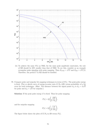 0 2 4 6 8 10 12 14 16
10
−9
10
−8
10
−7
10
−6
10
−5
10
−4
10
−3
10
−2
10
−1
10
0
E/N0
(dB)
P[e]
RZ
NRZ
(b) To achieve the same P[e] as NRZ, for the same peak amplitude constraints, the rate
of RZ should be 50% smaller than that of NRZ. To see this, consider as an example
recangular pulse signaling with polar mapping. Then ENRZ = A2T and ERZ = A2T/2.
Therefore, the period T in RZ should be doubled.
79. Compare polar and unipolar bit mapping techniques in terms of P[e]. The peak pulse energy
is ﬁxed. Plot or sketch curve of energy-to-noise ratio E/N0 (dB) versus probability of a bit
error for both techniques. (Hint: The distance between the signal points d12 is d12 = 2
√
E
for polar and d12 =
√
E for unipolar.)
Solution: If the peak pulse energy E is ﬁxed. Then for polar mapping
P[e] = Q
2E
N0
,
and for unipolar mapping
P[e] = Q
E
2N0
.
The ﬁgure below shows the plots of E/N0 in dB versus P[e].
75
 