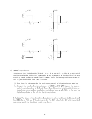 s1(t)
t
E
TT/2
s2(t)
t
TT/2
T
E
T
s3(t)
t
E
TT/2
s4(t)
t
TT/2
T
E
T
E
T
-
E
T
-
E
T
-
103. MATLAB experiment
Simulate the error performance of M-PSK (M = 2, 4, 8) and M-QAM (M = 4, 16, 64) digital
modulation schemes. The scripts digmodMQAM.m and digmodMPSK.m are available in the web
site of the course, in section MATLAB EXAMPLES, under the heading Simulation of M-PSK
and M-QAM modulation over AWGN channels.
(a) Run the script, sketch or plot the resulting curves and include them in your solution.
(b) Compare the simulated error performance of QPSK and 16-QAM against the approxi-
mated expressions given in the book. You will need to write a script to plot the approx-
imated expressions and the simulation results in the same graph. Refer to the notes on
digital modulation in the web site for the expressions.
Solution: The ﬁgures below show plots of simulated (symbols) and theoretical (symbols and
line) BER for M-PSK and M-QAM, respetively. For BER values below 10−2, the theoretical
expressions match the simulation results very closely.
98
 