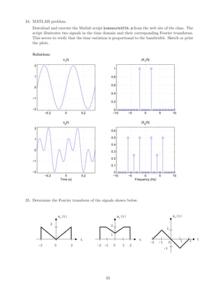 34. MATLAB problem.
   Download and execute the Matlab script homework4f04.m from the web site of the class. The
   script illustrates two signals in the time domain and their corresponding Fourier transforms.
   This serves to verify that the time variation is proportional to the bandwidth. Sketch or print
   the plots.

   Solution:
                           x1(t)                                              |X1(f)|
     2
                                                         1

     1                                               0.8

                                                     0.6
     0
                                                     0.4
    −1
                                                     0.2

    −2                                                   0
              −0.2           0         0.2               −10         −5         0            5             10


                           x2(t)                                              |X2(f)|
     2
                                                     0.6

                                                     0.5
     1
                                                     0.4
     0                                               0.3

                                                     0.2
    −1
                                                     0.1

    −2                                                   0
              −0.2           0         0.2               −10         −5         0        5                 10
                          Time (s)                                        Frequency (Hz)




35. Determine the Fourier transform of the signals shown below.



                         x1(t)                               x2(t)                                         x3(t)

                 2                                   2
                                                                                                   1
                                                     1
                                       t                                    t                                   1   2   t
                                                                                        -2   -1        0
         -2          0             2         -2 -1       0     1     2
                                                                                                  -1




                                                33
 