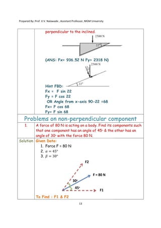 Prepared By: Prof. V.V. Nalawade , Assistant Professor, MGM
perpendicular to the inclined.
(ANS: Fx=
Hint FBD:
Fx = F sin 22
Fy = F cos 22
OR Angle from x
Fx= F cos 68
Fy= F sin 68
Problems on non
1. A force of 80 N is acting on a body. Find its components such
that one component has an angle of 45
angle of 30ᵒ
Solution Given Data:
1. Force F
2. 𝛼 = 45°
3. 𝛽 = 30°
To Find : F1 &
Prepared By: Prof. V.V. Nalawade , Assistant Professor, MGM University
13
perpendicular to the inclined.
(ANS: Fx= 936.52 N Fy= 2318 N)
Hint FBD:
Fx = F sin 22
Fy = F cos 22
OR Angle from x-axis 90-22 =68
Fx= F cos 68
Fy= F sin 68
on non-perpendicular component
A force of 80 N is acting on a body. Find its components such
that one component has an angle of 45ᵒ & the other has an
with the force 80 N.
Given Data:
F = 80 N
°
°
F1 & F2
perpendicular component
A force of 80 N is acting on a body. Find its components such
& the other has an
 