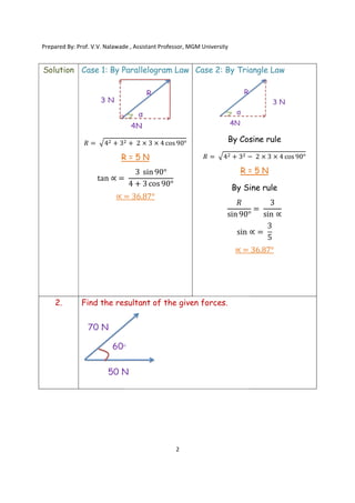 Prepared By: Prof. V.V. Nalawade , Assistant Professor, MGM
Solution Case 1: By Parallelogram Law
𝑅 = 4 + 3
R = 5 N
tan ∝ =
∝ =
2. Find the resultant of the given forces.
Prepared By: Prof. V.V. Nalawade , Assistant Professor, MGM University
2
Case 1: By Parallelogram Law
+ 2 × 3 × 4 cos 90°
R = 5 N
3 sin 90°
4 + 3 cos 90°
= 36.87°
Case 2: By Triangle
By Cosine rule
𝑅 = 4 + 3 −
R = 5 N
By Sine rule
𝑅
sin 90°
sin ∝
∝ =
Find the resultant of the given forces.
Triangle Law
By Cosine rule
− 2 × 3 × 4 cos 90°
R = 5 N
By Sine rule
°
=
3
sin ∝
∝ =
3
5
36.87°
 