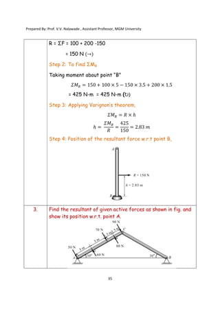 Prepared By: Prof. V.V. Nalawade , Assistant Professor, MGM University
35
R = ΣF = 100 + 200 -150
= 150 N (→)
Step 2: To find ΣMB
Taking moment about point “B”
𝛴𝑀 = 150 + 100 × 5 − 150 × 3.5 + 200 × 1.5
= 425 N-m = 425 N-m (↻)
Step 3: Applying Varignon’s theorem,
𝛴𝑀 = 𝑅 × ℎ
ℎ =
𝛴𝑀
𝑅
=
425
150
= 2.83 𝑚
Step 4: Position of the resultant force w.r.t point B,
3. Find the resultant of given active forces as shown in fig. and
show its position w.r.t. point A.
 