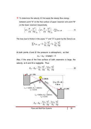 Pipes and Multi Pipe Systems 29
 To determine the velocity V, first apply the steady flow energy
between point "A" on the free surface of upper reservoir and point "B"
on the lower reservoir respectively,
 























 B
A
L
A
2
A
2
h
g
2
V
g
P
Z
g
2
V
g
P
Z ………………….. (1)
The loss due to friction in the pipes "1" and "2" is given by the Darcy's as
g
2
V
D
L
f
g
2
V
D
L
f
h
2
2
2
2
2
2
1
1
1
1
B
A
L 





At both points A and B the pressure is atmospheric, so that
0
)
gage
(
p
p
p B
A 


Also, if the area of the free surface of both reservoirs is large, the
velocity at A and B is negligible. Thus
g
2
V
D
L
f
g
2
V
D
L
f
Z
Z
2
2
2
2
2
2
1
1
1
1
B
A 

 ………………….. (2)
 hL =75 - 45
= 30 m
(45)
(75)
(64.5)



L1 = 1200m, D1 = 200mm,
f1 = 0.018
L2 =1800m, D2 = 200mm,
f2 = 0.018
A
B
E G L
C
g
2
V
D
L
f
g
2
V
D
L
f
Z
Z
2
2
2
2
2
2
1
1
1
1
B
A 


 