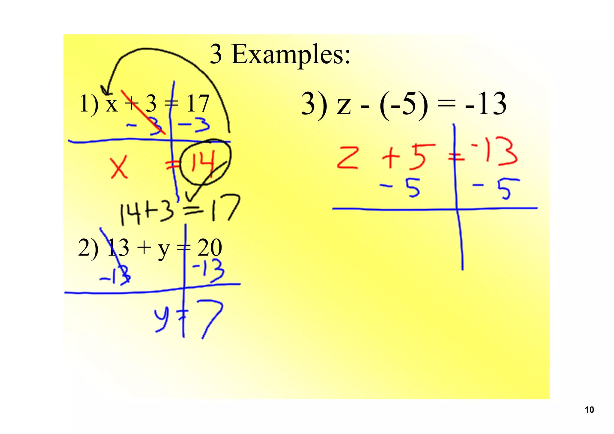 3 Examples:
1) x + 3 = 17 3) z (5) = 13
2) 13 + y = 20
10