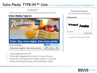 Solve Media TYPE-IN™ Unit: Delivers Unprecedented Awareness and Engagement 	

                               TYPE-IN™	

                                      Standard Captcha	

        (Mock example with Radisson branding and engagement text)	
          (the environment we replace)	
  




                                                                        •     Average of 14 Seconds to solve	





   •    Unprecedented brand lift 	

   •    Meaningful engagement; not just a 3 second hover…	

   •    Preferred user experience; Puzzles solved in 7 seconds	

   •    Proven brand performance with predictable results	

 