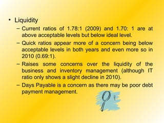 Liquidity Current ratios of 1.78:1 (2009) and 1.70: 1 are at above acceptable levels but below ideal level. Quick ratios appear more of a concern being below acceptable levels in both years and even more so in 2010 (0.69:1). Raises some concerns over the liquidity of the business and inventory management (although IT ratio only shows a slight decline in 2010). Days Payable is a concern as there may be poor debt payment management. 