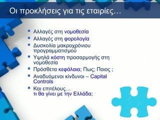 Οι προκλήσεις για τις εταιρίες…
 Αλλαγές στη νομοθεσία
 Αλλαγές στη φορολογία
 Δυσκολία μακροχρόνιου
προγραμματισμού
 Υψηλά κόστη προσαρμογής στη
νομοθεσία
 Πρόσθετα κεφάλαια; Πως; Ποιος ;
 Αναδυόμενοι κίνδυνοι – Capital
Controls
 Και επιτέλους…
τι θα γίνει με την Ελλάδα;
 