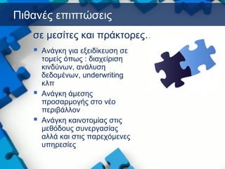Πιθανές επιπτώσεις
 Ανάγκη για εξειδίκευση σε
τομείς όπως : διαχείριση
κινδύνων, ανάλυση
δεδομένων, underwriting
κλπ
 Ανάγκη άμεσης
προσαρμογής στο νέο
περιβάλλον
 Ανάγκη καινοτομίας στις
μεθόδους συνεργασίας
αλλά και στις παρεχόμενες
υπηρεσίες
σε μεσίτες και πράκτορες…
 