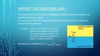 NERNST DISTRIBUTION LAW :-
This law states that the rate of migration of solute from one solution to
another solution is equal.
Or we can say that The concentration ratio of solute in two solvents is
constant at equilibrium.
(Ether)Suppose we dissolve a solute X in
aqueous and organic solvent then
the rate of migration of solute X is
equal from aqueous to organic or
organic to aqueous solvent.
Distribution coefficient KD = Corganic/C aqueous
Example:-
 