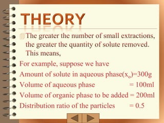 



For example, suppose we have
Amount of solute in aqueous phase(xo)=300g
Volume of aqueous phase             = 100ml
Volume of organic phase to be added = 200ml
Distribution ratio of the particles = 0.5
 