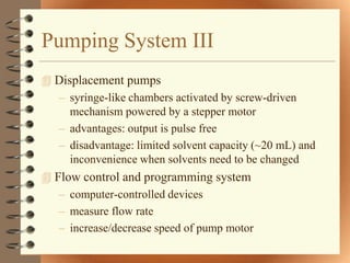 Pumping System III
 Displacement pumps
  – syringe-like chambers activated by screw-driven
     mechanism powered by a stepper motor
  – advantages: output is pulse free
  – disadvantage: limited solvent capacity (~20 mL) and
     inconvenience when solvents need to be changed
 Flow control and programming system
   – computer-controlled devices
   – measure flow rate
   – increase/decrease speed of pump motor
 