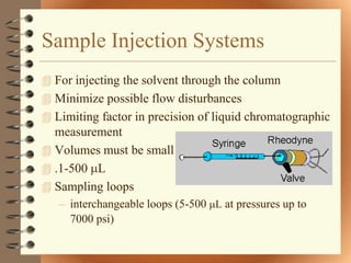 Sample Injection Systems
 For injecting the solvent through the column
 Minimize possible flow disturbances
 Limiting factor in precision of liquid chromatographic
  measurement
 Volumes must be small
 .1-500 L
 Sampling loops
   – interchangeable loops (5-500 L at pressures up to
     7000 psi)
 