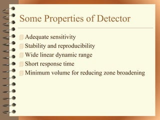 Some Properties of Detector
 Adequate sensitivity
 Stability and reproducibility
 Wide linear dynamic range
 Short response time
 Minimum volume for reducing zone broadening
 