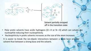 Solvent partially stripped
off in the transition state
• Polar protic solvents have acidic hydrogens (O—H or N—H) which can solvate the
nucleophile reducing their nucleophilicity.
• Nucleophilicity in protic solvents increases as the size of the atom increases.
It is easier to break the ion-dipole interactions between a weak base and the
solvent than between a strong base and the solvent.
 