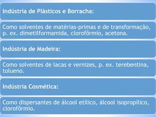 Indústria de Plásticos e Borracha: 
Como solventes de matérias-primas e de transformação, 
p. ex. dimetilformamida, clorofôrmio, acetona. 
Indústria de Madeira: 
Como solventes de lacas e vernizes, p. ex. terebentina, 
tolueno. 
Indústria Cosmética: 
Como dispersantes de álcool etílico, álcool isopropílico, 
clorofôrmio. 
 