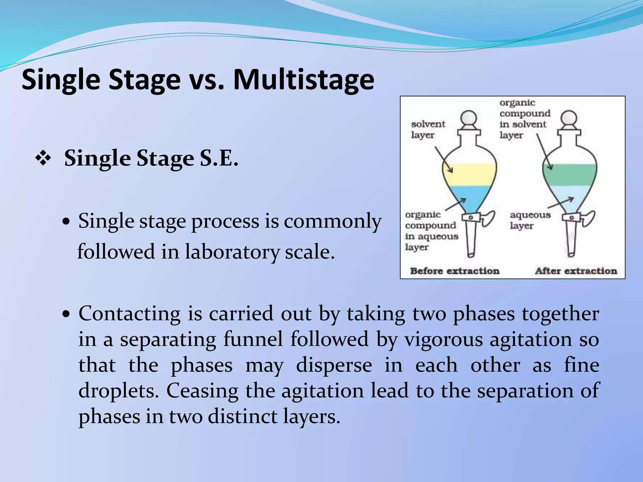 Single Stage vs. Multistage
 Single Stage S.E.
 Single stage process is commonly
followed in laboratory scale.
 Contacting is carried out by taking two phases together
in a separating funnel followed by vigorous agitation so
that the phases may disperse in each other as fine
droplets. Ceasing the agitation lead to the separation of
phases in two distinct layers.
 