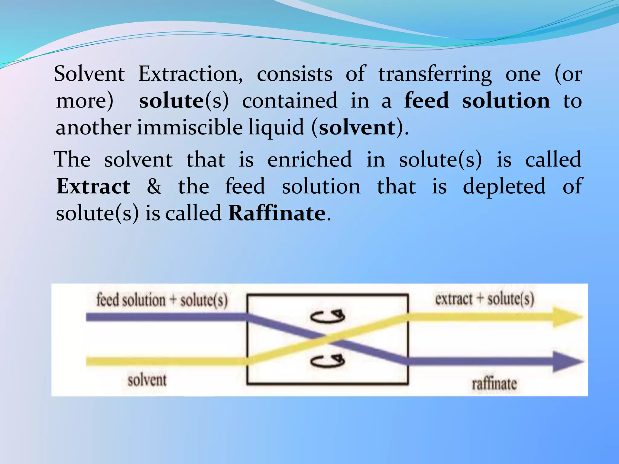 Solvent Extraction, consists of transferring one (or
more) solute(s) contained in a feed solution to
another immiscible liquid (solvent).
The solvent that is enriched in solute(s) is called
Extract & the feed solution that is depleted of
solute(s) is called Raffinate.
 