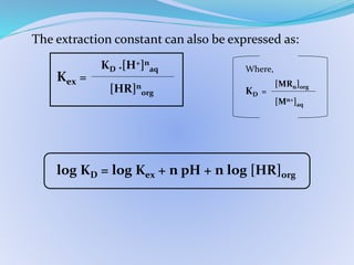 The extraction constant can also be expressed as:
Kex =
log KD = log Kex + n pH + n log [HR]org
KD .[H+]n
aq
[HR]n
org
Where,
KD =
[MRn]org
[Mn+]aq
 