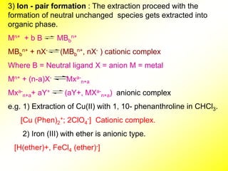 3) Ion - pair formation : The extraction proceed with the
formation of neutral unchanged species gets extracted into
organic phase.
Mn+ + b B MBb
n+
MBb
n+ + nX- (MBb
n+, nX- ) cationic complex
Where B = Neutral ligand X = anion M = metal
Mn+ + (n-a)X- Mxa-
n+a
Mxa-
n+a+ aY+ (aY+, MXa-
n+a) anionic complex
e.g. 1) Extraction of Cu(II) with 1, 10- phenanthroline in CHCl3.
[Cu (Phen)2
+; 2ClO4
-] Cationic complex.
2) Iron (III) with ether is anionic type.
[H(ether)+, FeCl4 (ether)-]
 