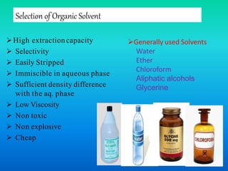 Selection of Organic Solvent
 High extraction capacity
 Selectivity
 Easily Stripped
 Immiscible in aqueous phase
 Sufficient density difference
with the aq. phase
 Low Viscosity
 Non toxic
 Non explosive
 Cheap
Generally used Solvents
Water
Ether
Chloroform
Aliphatic alcohols
Glycerine
 