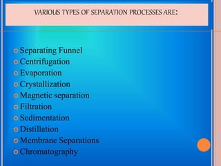 VARIOUS TYPES OF SEPARATION PROCESSES ARE:
 Separating Funnel
 Centrifugation
 Evaporation
 Crystallization
 Magnetic separation
 Filtration
 Sedimentation
 Distillation
 Membrane Separations
 Chromatography
 